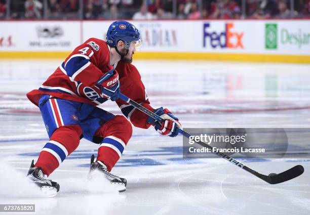 Paul Byron of the Montreal Canadiens skates with the puck against the New York Rangers in Game Five of the Eastern Conference Quarterfinals during...