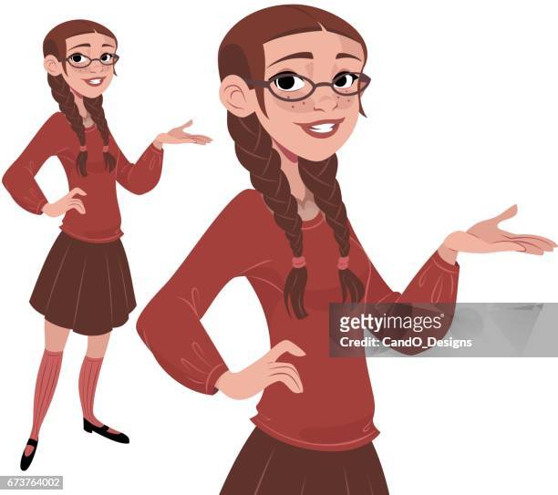 ilustraciones, imágenes clip art, dibujos animados e iconos de stock de chica nerd que presenta - school uniform