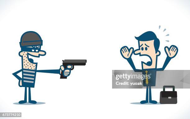 bandit droht mit einer pistole, geschäftsmann - bankräuber stock-grafiken, -clipart, -cartoons und -symbole