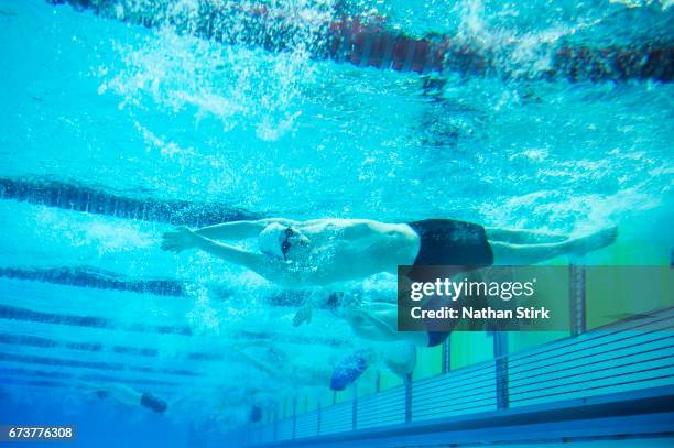 General view as men swimmers compete in the 100m Freestyle on day one of the British Para-Swimming International at Ponds Forge on April 27, 2017 in...