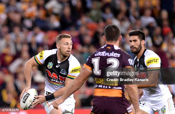 Bryce Cartwright of the Panthers looks to pass during the round nine NRL match between the Brisbane Broncos and the Penrith Panthers at Suncorp...