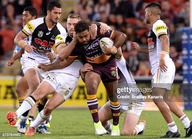Sam Thaiday of the Broncos takes on the defence during the round nine NRL match between the Brisbane Broncos and the Penrith Panthers at Suncorp...