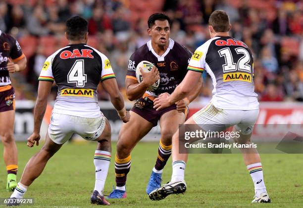 Herman Ese'Ese of the Broncos looks to take on the defence during the round nine NRL match between the Brisbane Broncos and the Penrith Panthers at...