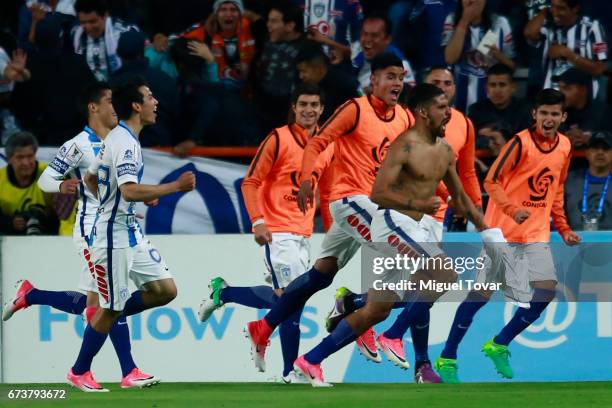 Franco Jara of Pachuca celebrates with teammates after scoring the first goal of his team during the Final second leg match between Pachuca and...