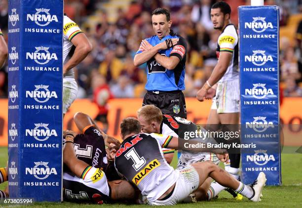 Josh McGuire of the Broncos is denied a try by referee Gerard Sutton during the round nine NRL match between the Brisbane Broncos and the Penrith...