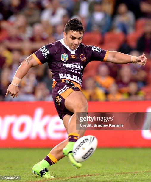 Kodi Nikorima of the Broncos kicks the ball during the round nine NRL match between the Brisbane Broncos and the Penrith Panthers at Suncorp Stadium...