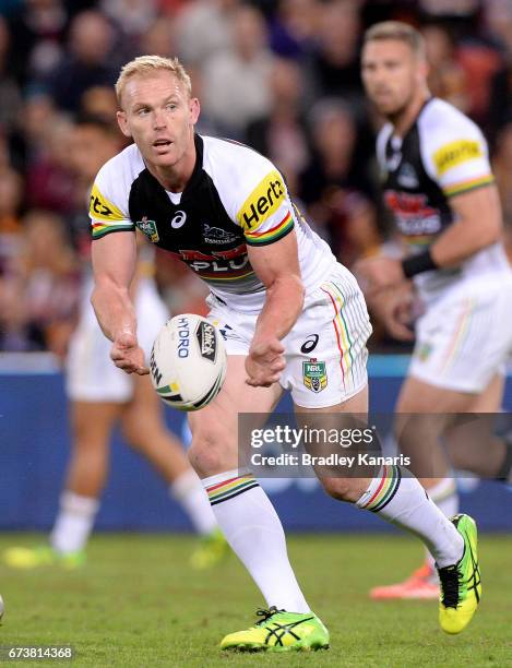 Peter Wallace of the Panthers passes the ball during the round nine NRL match between the Brisbane Broncos and the Penrith Panthers at Suncorp...