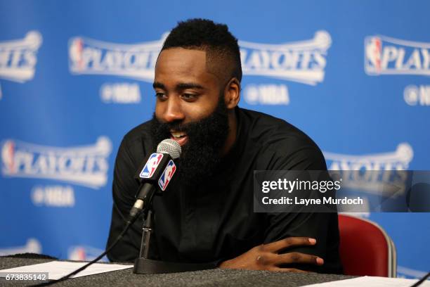 James Harden of the Houston Rockets talks to the media during a press conference after Game Five of the Western Conference Quarterfinals against the...