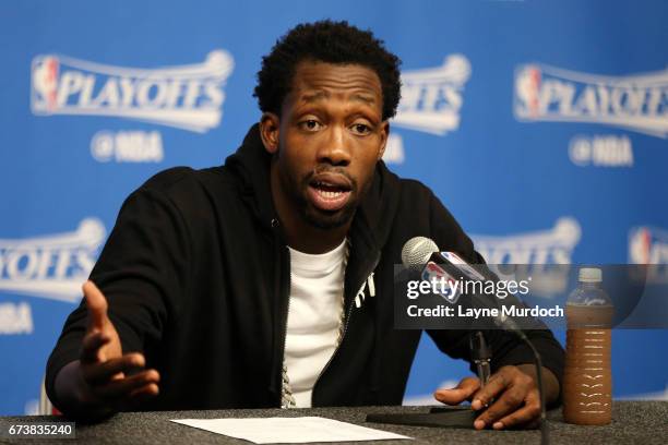 Patrick Beverley of the Houston Rockets talks to the media during a press conference after Game Five of the Western Conference Quarterfinals against...