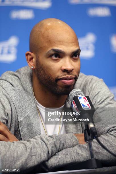 Taj Gibson of the Oklahoma City Thunder talks to the media during a press conference after Game Five of the Western Conference Quarterfinals against...