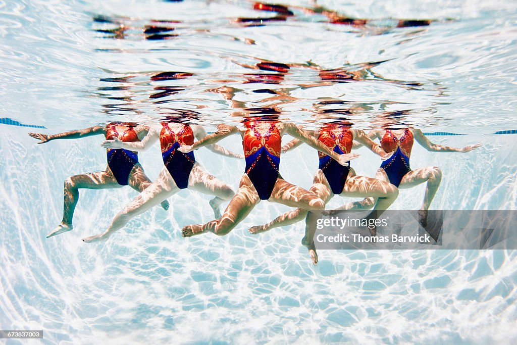 Synchronized swim team treading water together