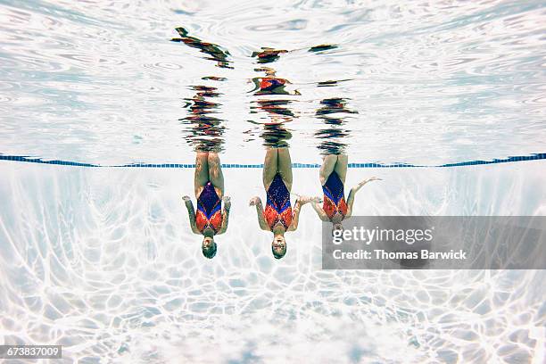 synchronized swimmers treading water upside down - ângulo diferente imagens e fotografias de stock