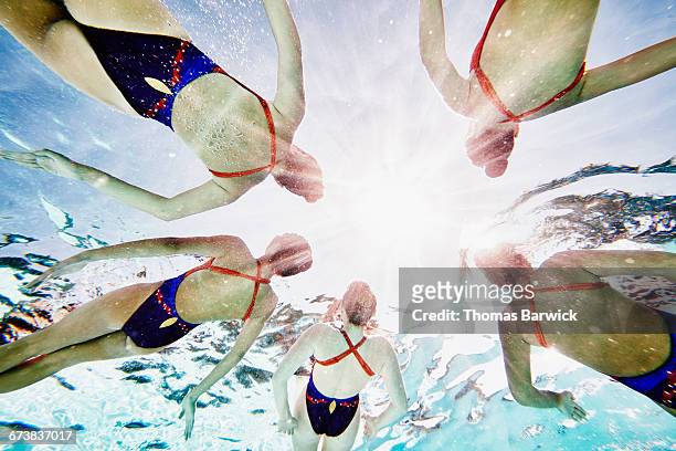synchronized swim team lying together on surface - synchronised swimming stock pictures, royalty-free photos & images