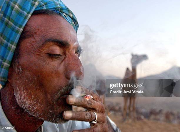 Camel trader from India smokes at the largest camel fair in the world November 25, 2001 in Pushkar, India in the state of Rajasthan. Thousands of...