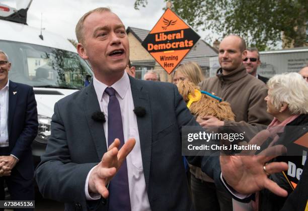 Liberal Democrats leader Tim Farron is seen whilst campaigning for the British general election at Eastfield regeneration site on April 27, 2017 in...