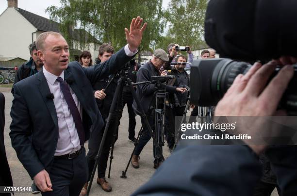 Liberal Democrats leader Tim Farron is seen whilst campaigning for the British general election at Eastfield regeneration site on April 27, 2017 in...