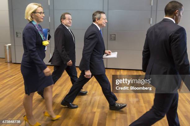 Christine Graeff, director general for communications at the European Central Bank , left, Vitor Constancio, vice president of the European Central...