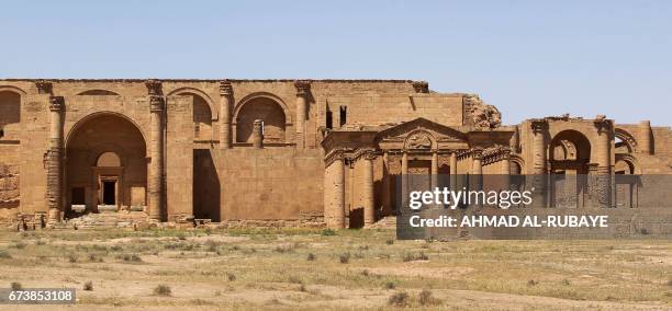 Picture shows the damage in the UNESCO-listed ancient city of Hatra, south of Mosul, on April 27, 2017. Iraqi forces retook the town of Hatra,...