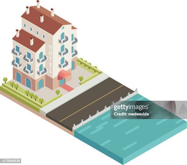 isometric hotel - spring time road stock illustrations