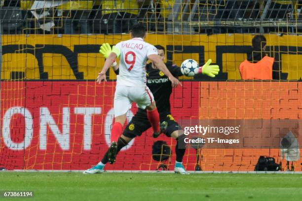 Falcao of Monaco scores a goal during the UEFA Champions League Quarter Final: First Leg match between Borussia Dortmund and AS Monaco at Signal...