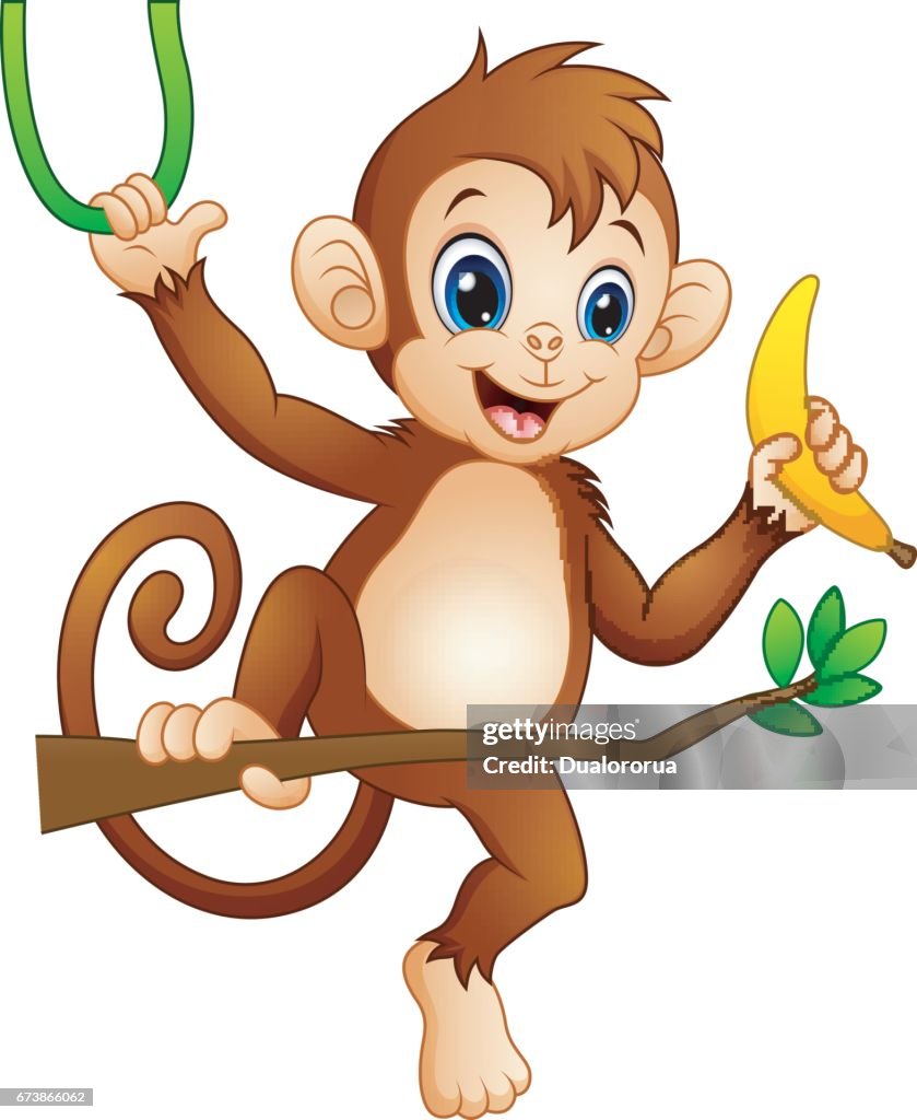 Cartoon Monkey On A Branch Tree And Holding Banana High-Res Vector Graphic  - Getty Images