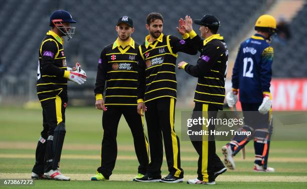 Jack Taylor of Gloucestershire celebrates the wicket of Aneurin Donald of Glamorgan during the Royal London One-Day Cup between Gloucestershire and...