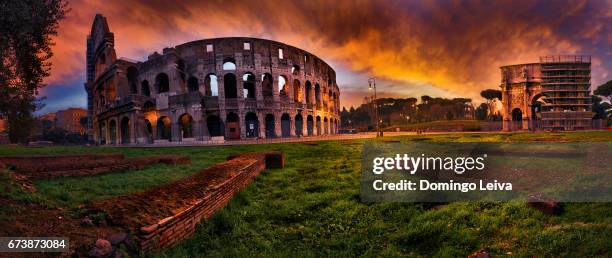 panoramic of the colosseum, roma, italy - paisaje urbano stockfoto's en -beelden