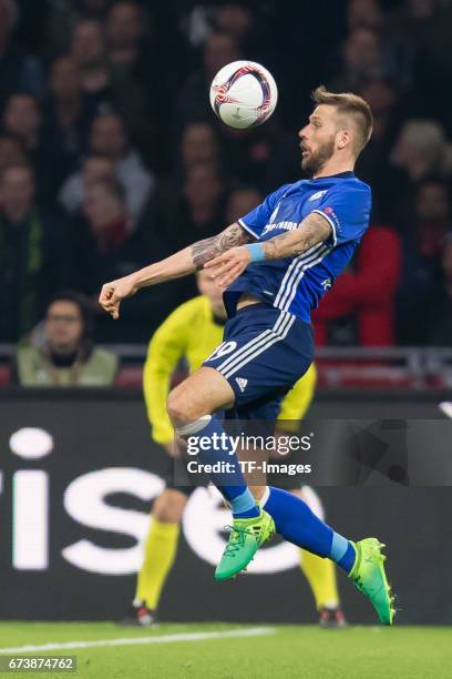 Guido Burgstaller of Schalke controls the ball during the UEFA Europa League Quarter Final first leg match between Ajax Amsterdam and FC Schalke 04...