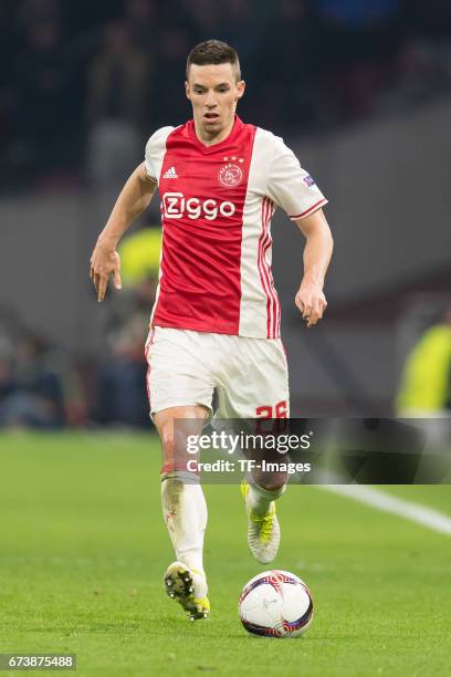 Nick Viergever of Ajax Amsterdam controls the ball during the UEFA Europa League Quarter Final first leg match between Ajax Amsterdam and FC Schalke...