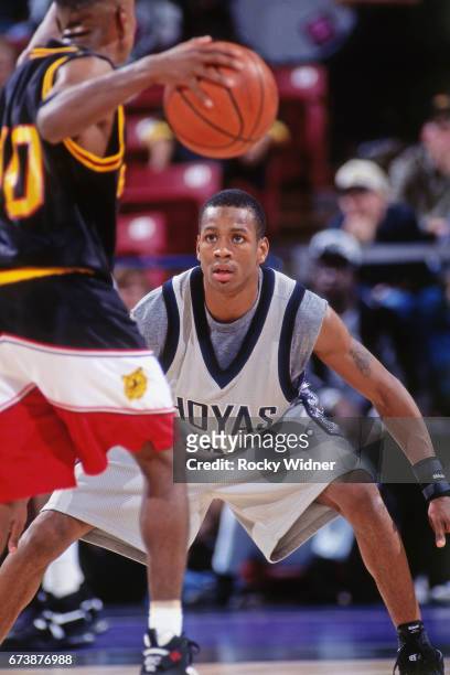 Allen Iverson of Georgetown plays defense against Grambling on December 28, 1994 at ARCO Arena in Sacramento, California. NOTE TO USER: User...