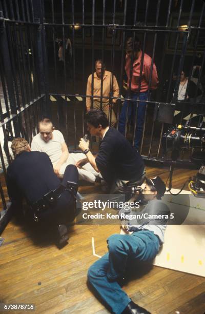 Director Jonathan Demme and actor Anthony Hopkins are photographed on the set of 'The Silence of the Lambs' in 1989 around Pittsburgh, Pennsylvania....