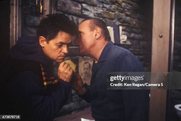 Director Jonathan Demme and actor Anthony Hopkins are photographed on the set of 'The Silence of the Lambs' in 1989 around Pittsburgh, Pennsylvania....