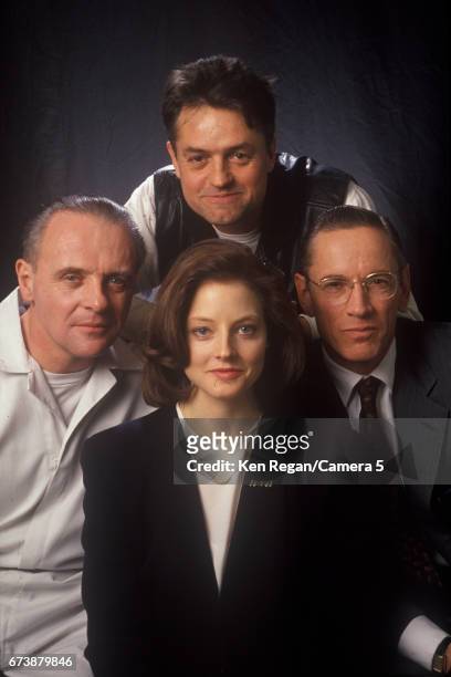 Director Jonathan Demme, actors Anthony Hopkins, Jodie Foster and Scott Glenn are photographed on the set of 'The Silence of the Lambs' in 1989...