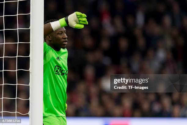 Goalkeeper Andre Onana of Ajax Amsterdam , gestures during the UEFA Europa League Quarter Final first leg match between Ajax Amsterdam and FC Schalke...