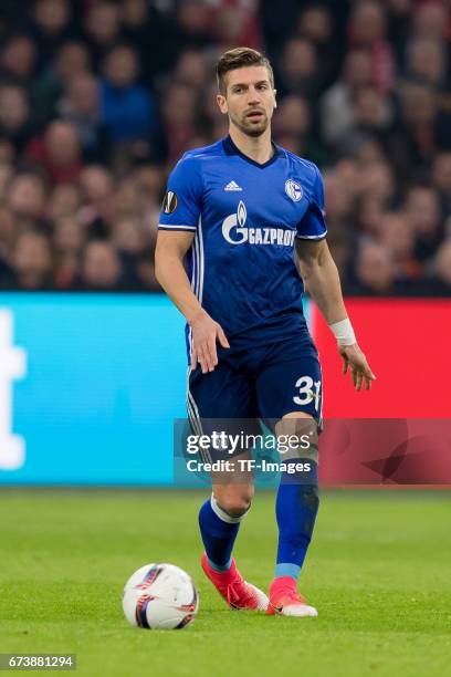 Matija Nastasic of Schalke , controls the ball during the UEFA Europa League Quarter Final first leg match between Ajax Amsterdam and FC Schalke 04...