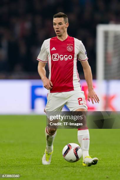 Nick Viergever of Ajax Amsterdam , controls the ball during the UEFA Europa League Quarter Final first leg match between Ajax Amsterdam and FC...