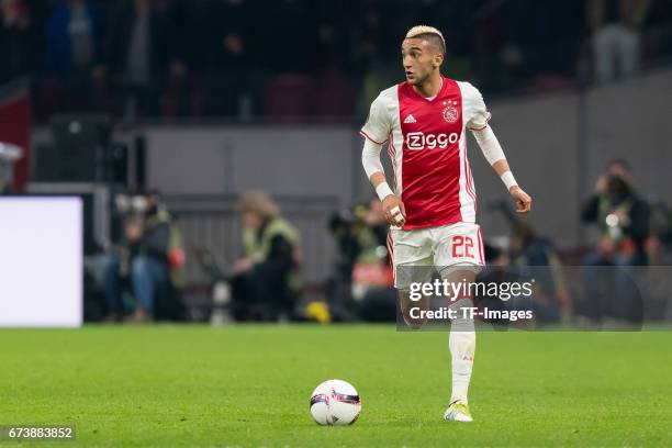 Hakim Ziyech of Ajax Amsterdam , controls the ball during the UEFA Europa League Quarter Final first leg match between Ajax Amsterdam and FC Schalke...