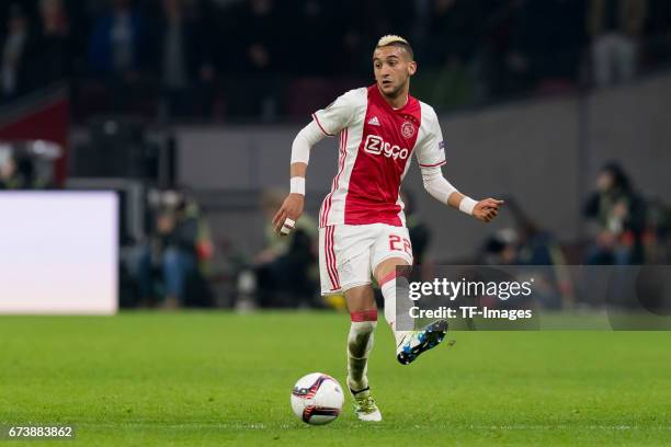 Hakim Ziyech of Ajax Amsterdam , controls the ball during the UEFA Europa League Quarter Final first leg match between Ajax Amsterdam and FC Schalke...