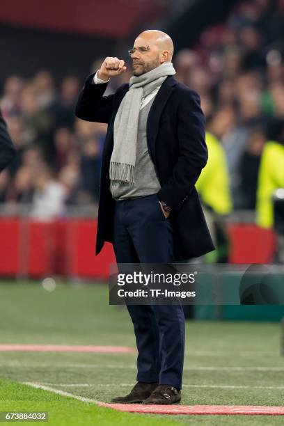 Head coach Peter Bosz of Ajax Amsterdam , gestures during the UEFA Europa League Quarter Final first leg match between Ajax Amsterdam and FC Schalke...