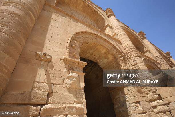 Partial view shows on April 27, 2017 a temple in the UNESCO-listed ancient city of Hatra, south of Mosul in northern Iraq, after Iraqi forces retook...