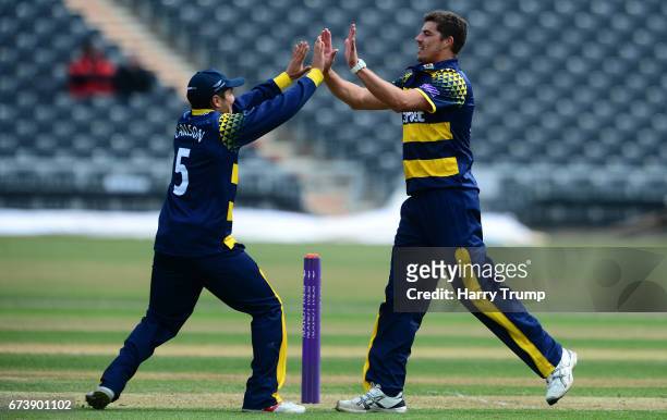 Merchant De Lange of Glamorgan celebrates the wicket of Chris Dent of Gloucestershire during the Royal London One-Day Cup between Gloucestershire and...