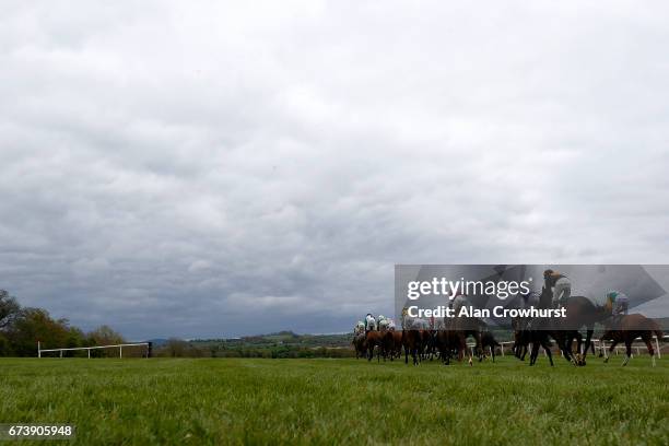 General view as runners race down the side of the track at Punchestown racecourse on April 27, 2017 in Naas, Ireland.