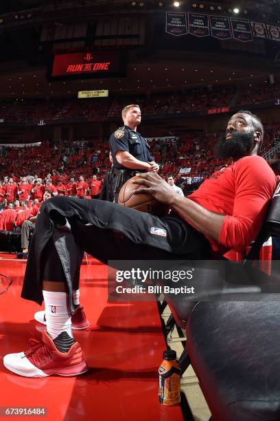 James Harden of the Houston Rockets sits on the bench before Game Five of the Western Conference Quarterfinals against the Oklahoma City Thunder...