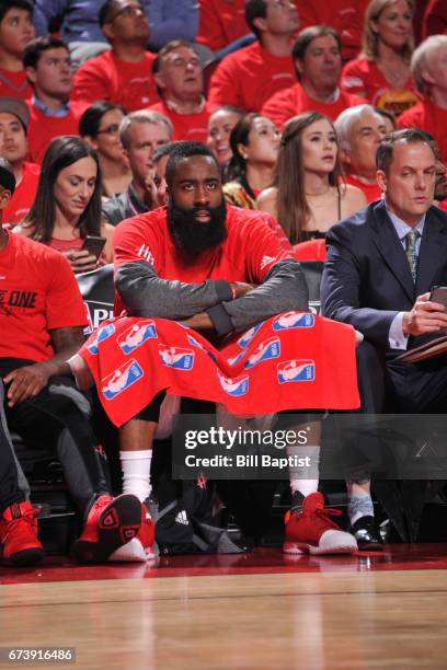 James Harden of the Houston Rockets sits on the bench during Game Five of the Western Conference Quarterfinals against the Oklahoma City Thunder...