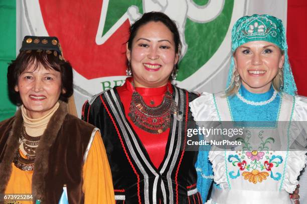 Tartar women wearing the traditional dress of Tatarstan during Nevruz celebrations in Toronto, Canada. Nevruz which means 'new day' marks the first...