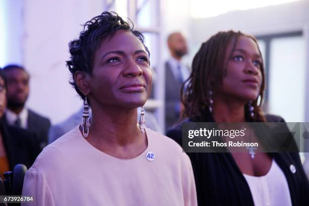 Natatia Griffith and Ayo Robinson attend the Jackie Robinson Museum Groundbreaking at the Jackie Robinson Foundation on April 27, 2017 in New York...