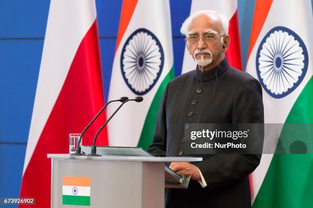 Vice President of India Mohammad Hamid Ansari during the press conference at Chancellery of the Prime Minister in Warsaw, Poland on 27 April 2017