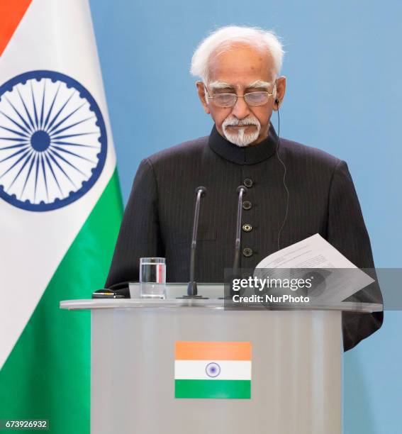 Vice President of India Mohammad Hamid Ansari during the press conference at Chancellery of the Prime Minister in Warsaw, Poland on 27 April 2017