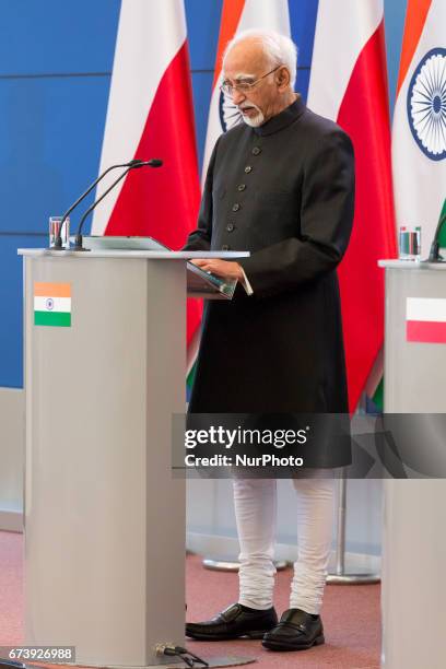 Vice President of India Mohammad Hamid Ansari during the press conference at Chancellery of the Prime Minister in Warsaw, Poland on 27 April 2017