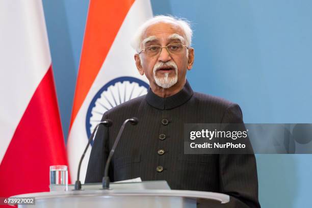 Vice President of India Mohammad Hamid Ansari during the press conference at Chancellery of the Prime Minister in Warsaw, Poland on 27 April 2017